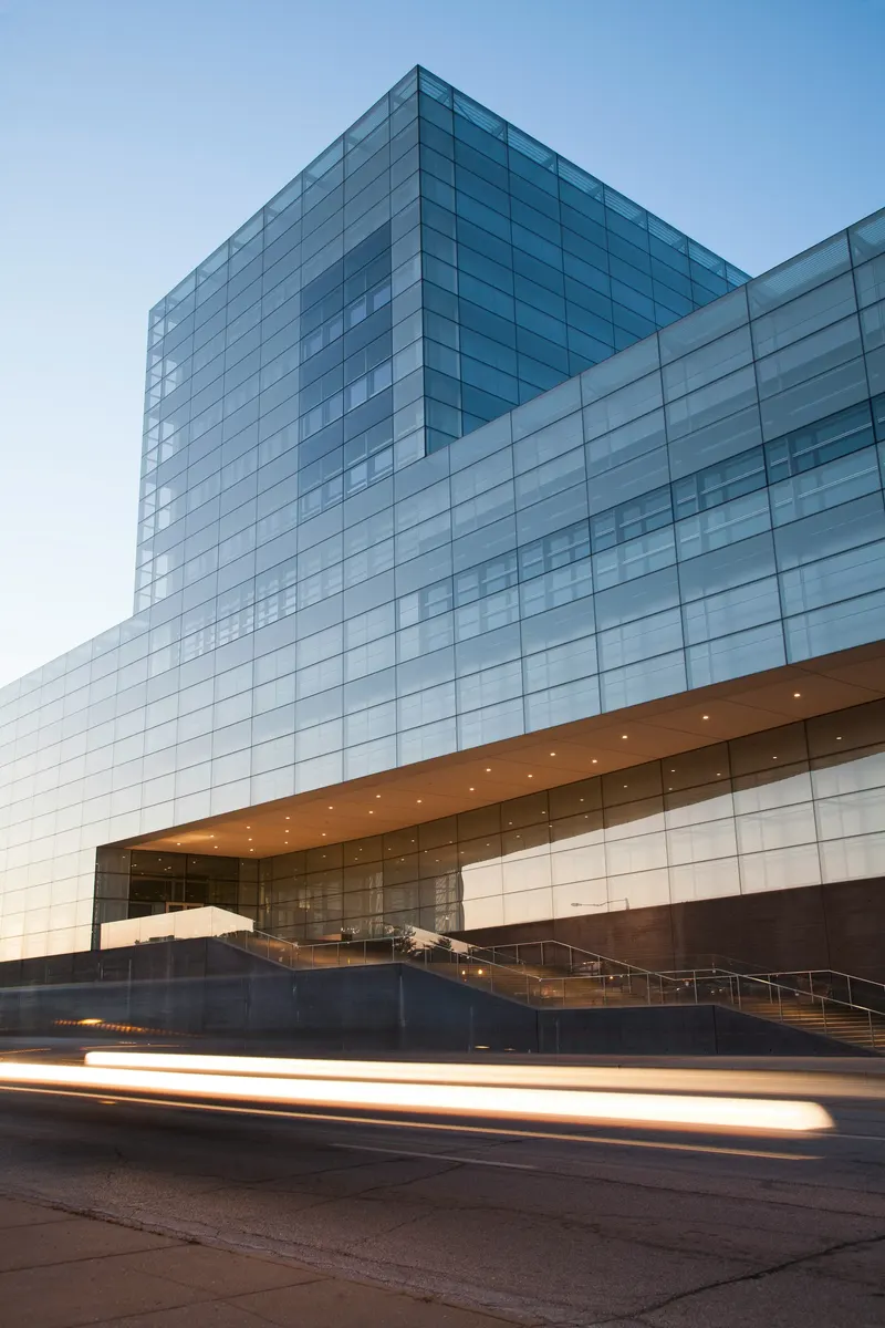 Modern commercial building at dusk